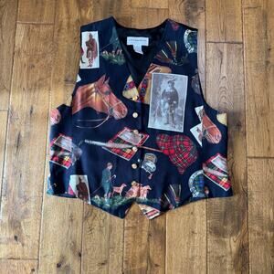 Vtg Liz Claiborne Vest Womens Sz 16 Black Horse Scottish Equestrian Hunting 80’s